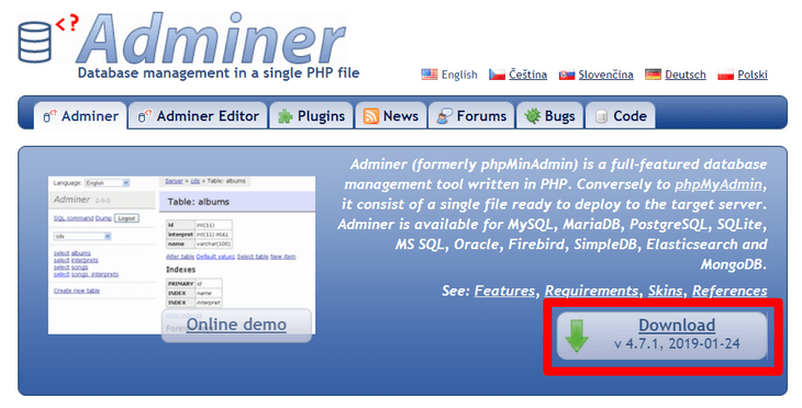 Официальный сайт Adminer